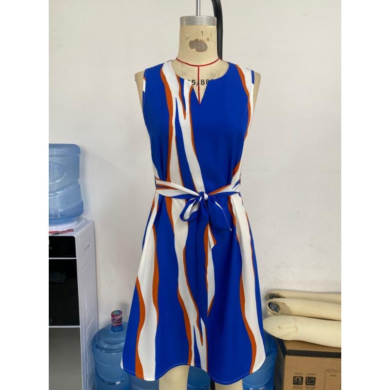 Women's Temperament Holiday Style Striped Slim Dress Tie Belt Split Neck A-Line Vest Skirt