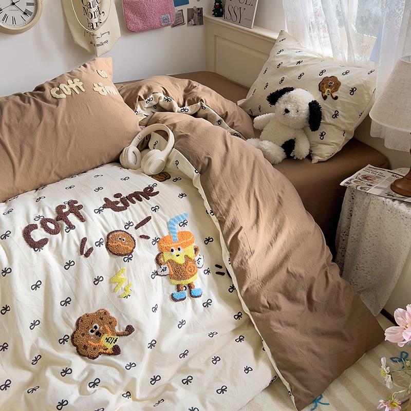 Cartoon Animal Embroidery Bedding Set For Adults Kids Cute Flat Fitted Sheet With Pillowcases Washed Cotton Colorful Full Size