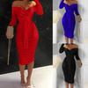 Lady Dress Solid Color Off-shoulder V Neck Slim Fit Sheath Dress