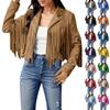 Women Faux Suede Leather Tassel Jackets - Vintage Lapel Open Front Cowboy Style Long Sleeve Tassels Cardigan Coat Tops
