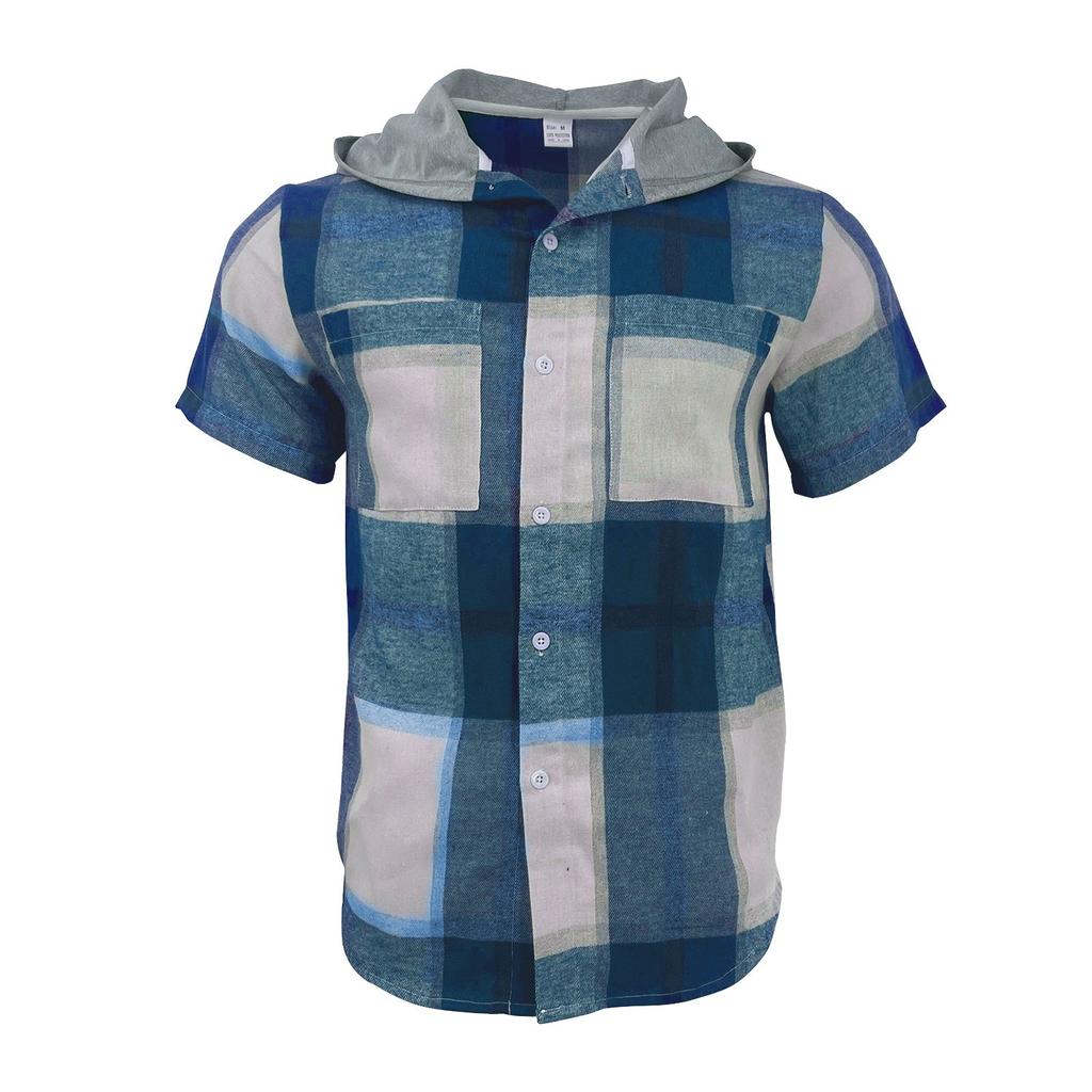 Мужская летняя модная спортивная толстовка с капюшоном и короткими рукавами для отдыха в клетку