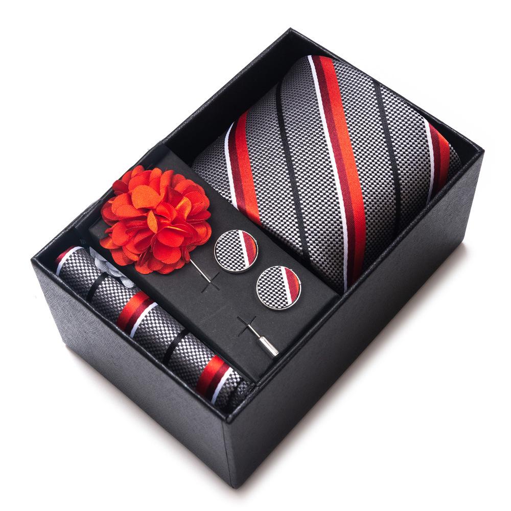Men's Blue-Gold Stripe Tie Set: Includes Pocket Square, Cufflinks & Lapel Pin in Gift Box - Perfect for Gifts
