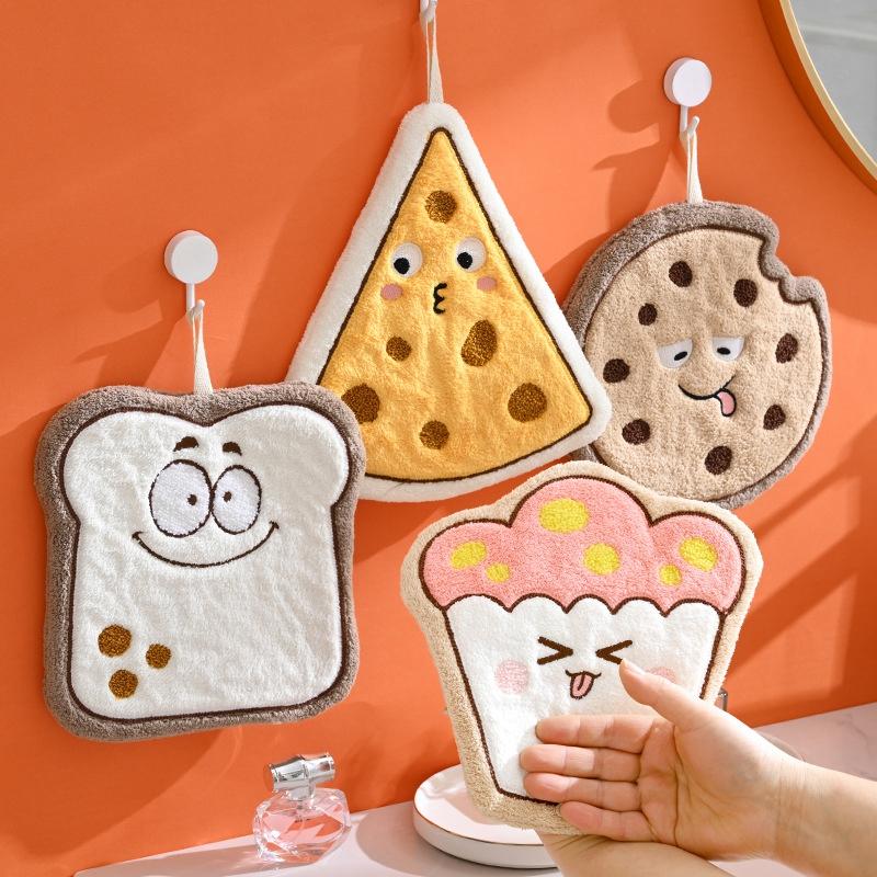Cartoon Hamburger Toast Hand Towel Absorbent Coral Velvet Washing Hand Cloth Kitchen Bathroom Hanging Children Towel Thickened