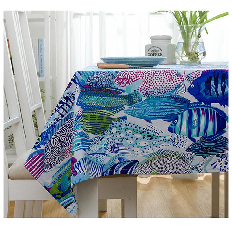 Thicken Cotton Linen Tablecloth Blue Mediterranean Cartoon Colorful Tropical Fish Ocean Cover Table Cloth for Wedding Tea Table