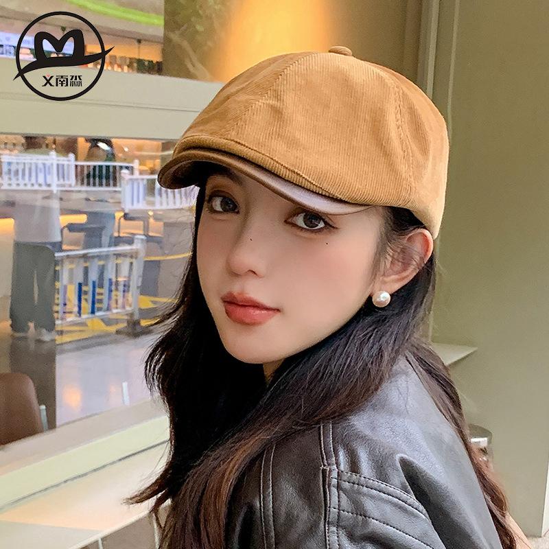 Autumn and winter retro corduroy + leather brim forward hat, newsboy hat fashion men's and women's caps show face small beret