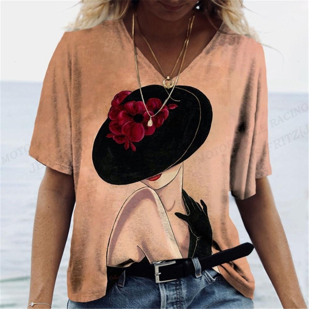 Harajuka абстрактные крутые футболки с принтом в стиле ретро, ​​женские универсальный пуловер с коротким рукавом, летние дизайнерские повседневные женские футболки с v-образным вырезом