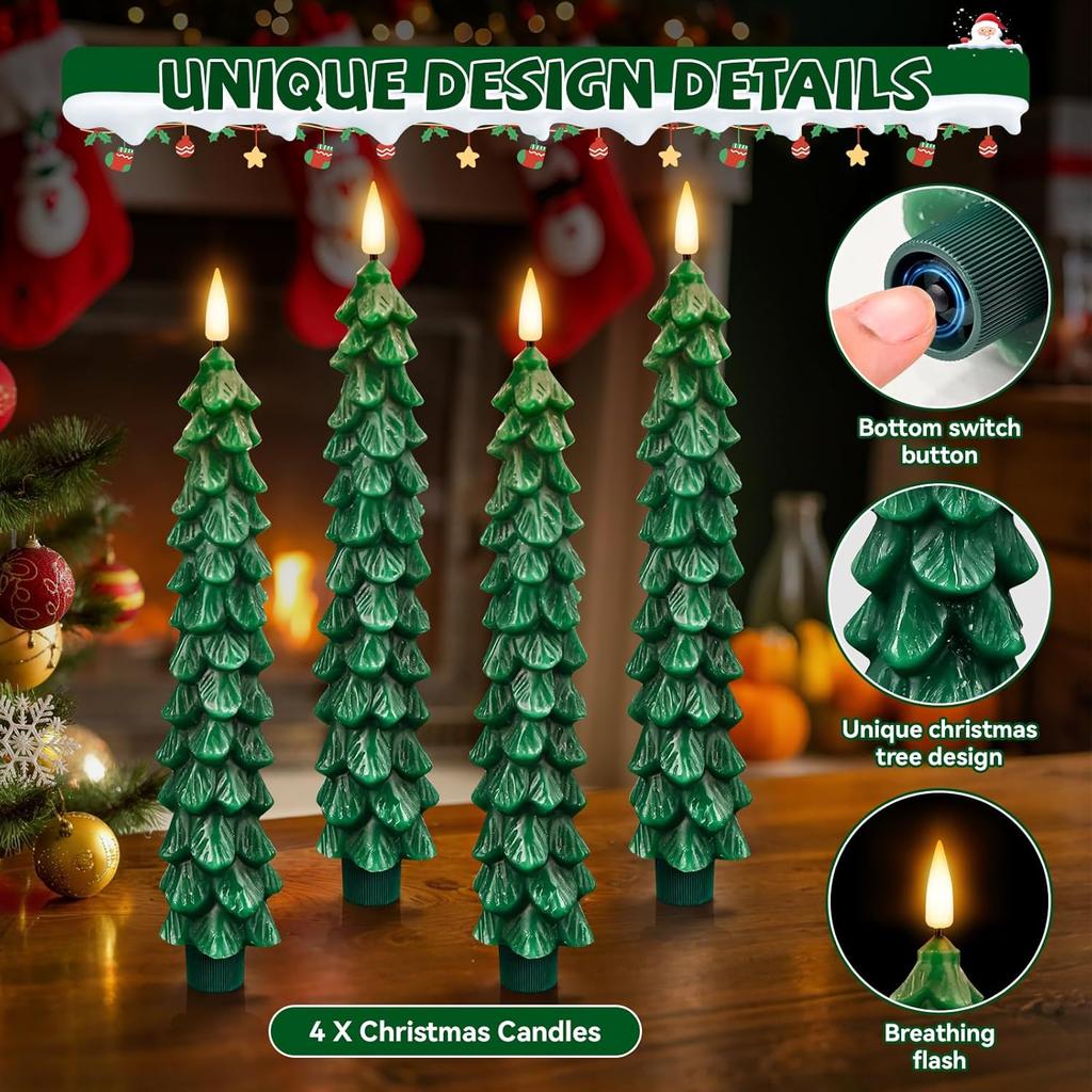 4 Pack Flameless Christmas Tree Candles with Remote, 9.8” LED Battery Operated Taper Candles, Green 3D Flickering Candlesticks for Holiday Home