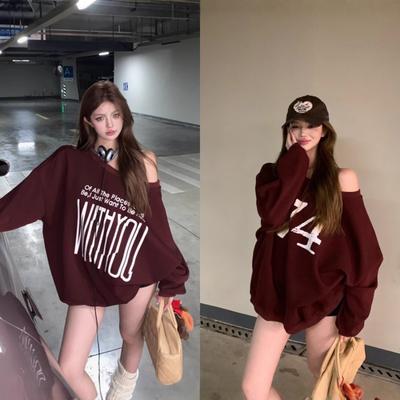 Толстовка с длинным рукавом и буквенным принтом, косые плечи, куртка для женщин, осень, американские горячие девушки, свободный дизайн, универсальный пуловер, топ