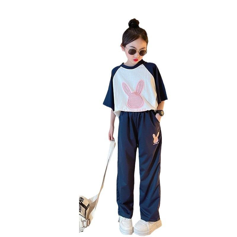 Спортивные летние модели из двух частей для девочек, летний костюм с короткими рукавами для больших девочек, детский повседневный костюм с футболкой