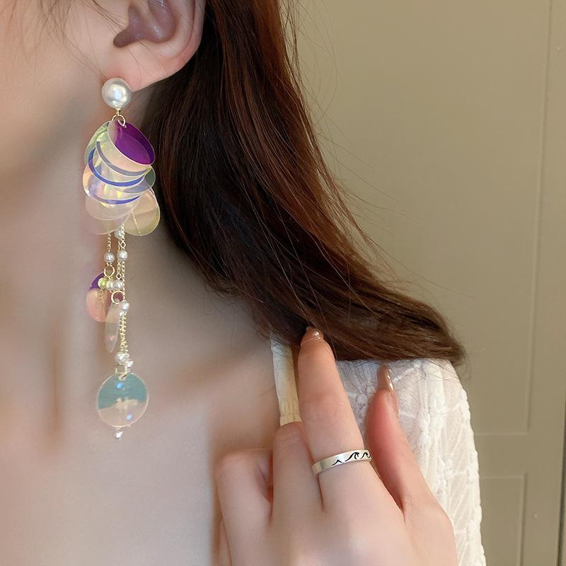 Laser Sequin Imitation Pearl Tassel Silver Needle Earrings