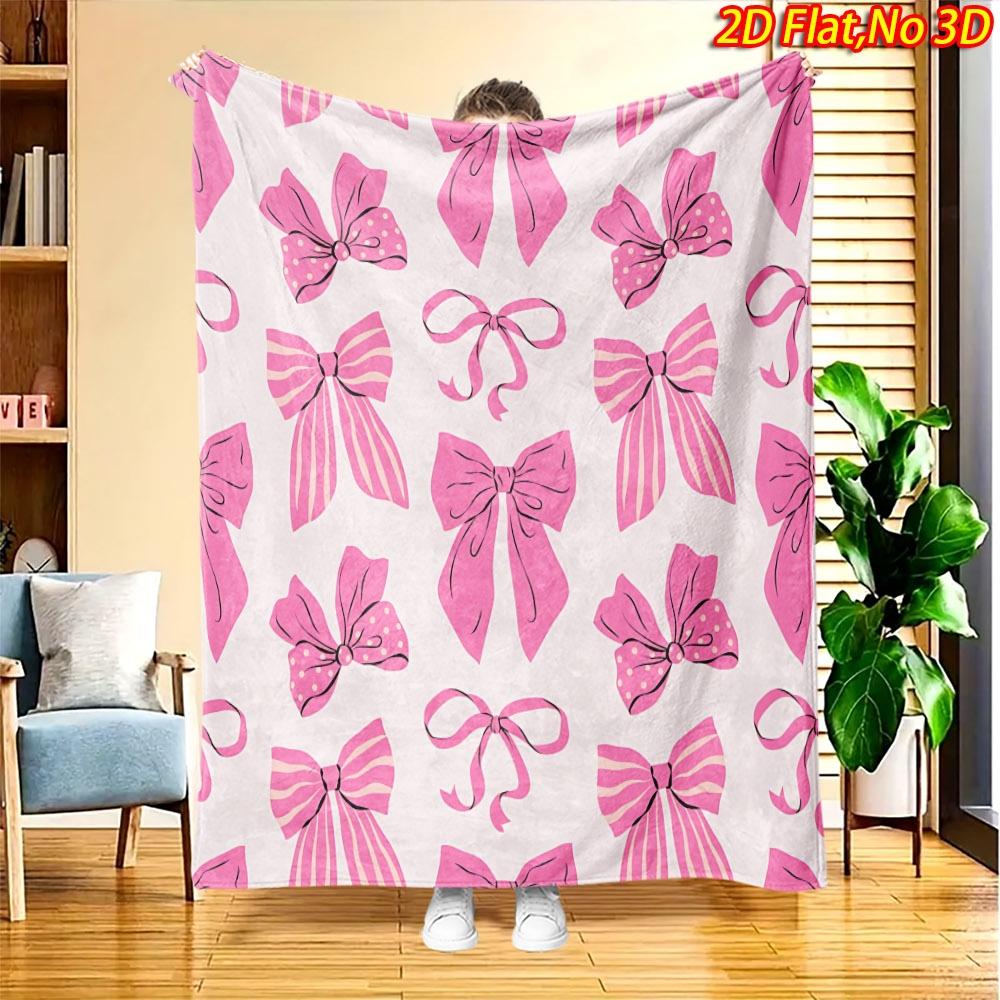 1pc 2D Flat Printing Spring & Summer New Arrival Pink Bow Pattern Digital Print Blanket, Suitable for All Seasons, Casual Throw Blanket, 100% Polyeste