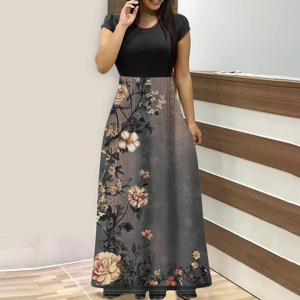 Женская мода повседневные свободные принтованные платья с круглым вырезом и коротким рукавом длинные платья с коротким рукавом длинные платья