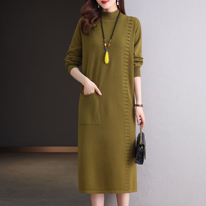 Вязаное платье длиной до колена Женское платье средней длины свободного кроя Большого размера Платье-свитер Однотонный Повседневный Пуловер с полувысоким воротом