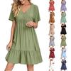 Women's Solid Color Loose V-neck Casual Short Sleeved Waist Flowing Dress