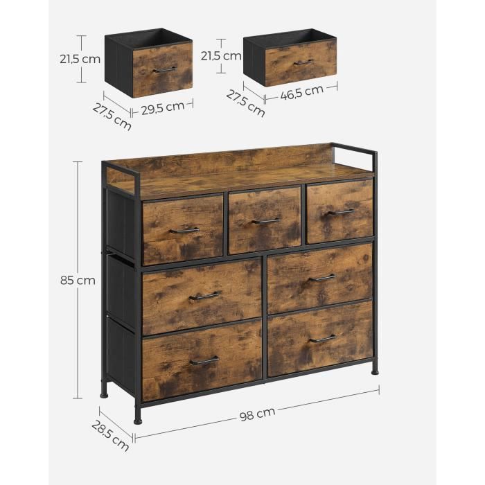 SONGMICS Commode, Armoire, Meuble de Rangement, 7 Tiroirs en Tissu avec Poignées, Cadre en Métal, Marron Rustique et Noir d'Encre