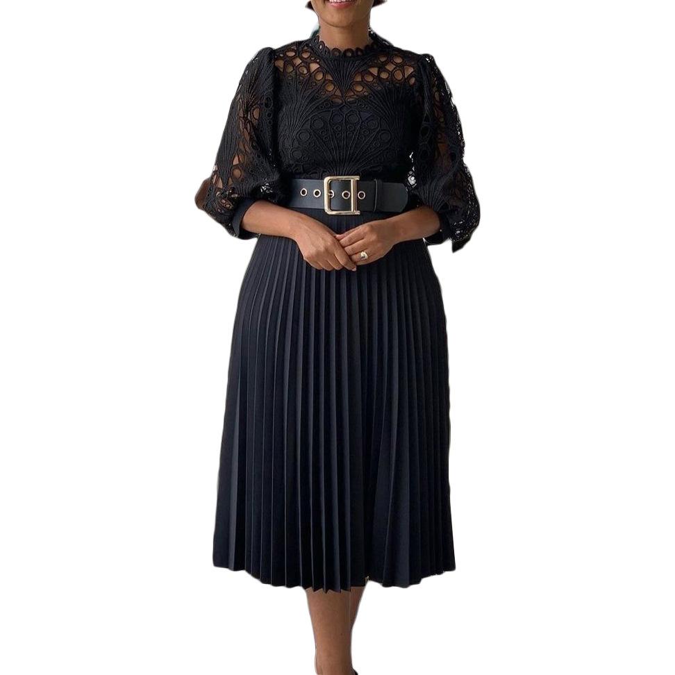 Летнее платье большого размера с кружевным крючком и цветком, сексуальное плиссированное платье в европейском и американском стиле с вырезами