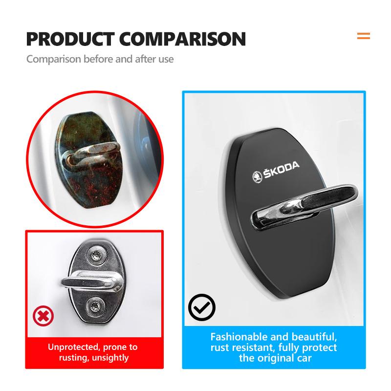 For Skoda 4Pcs Stainless Steel Car Door Lock Cover Case Stickers Accessories VRS Superb Yeti Octavia Enyaq Rapid Karoq Derivati RK5