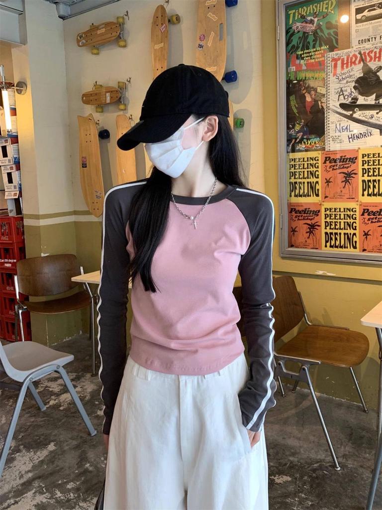 Женская ретро футболка с длинным рукавом реглан: Короткий топ для весны, осени, зимы