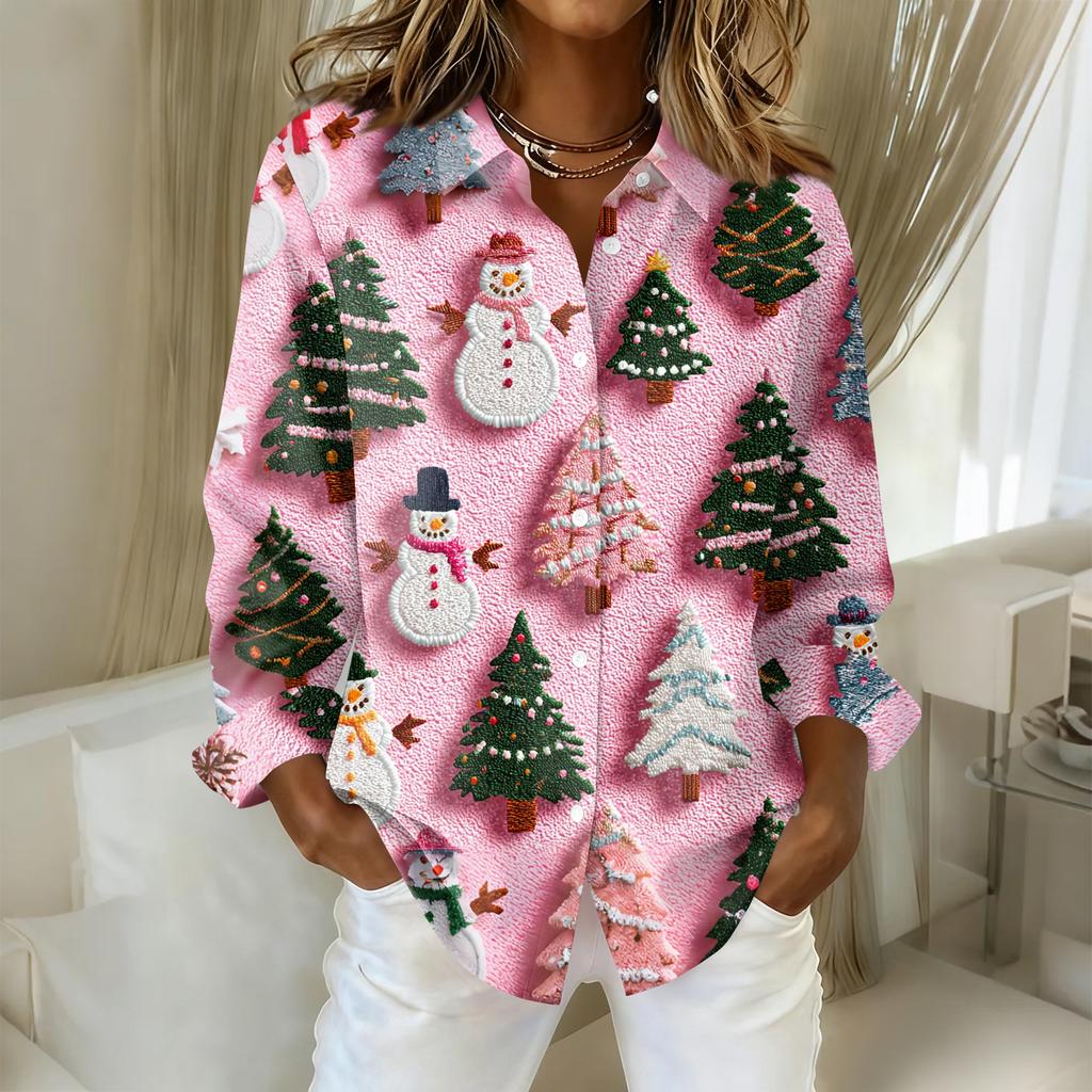 Women's Christmas Printed Button Up Long Sleeved Casual Regular Shirt With Collar Top