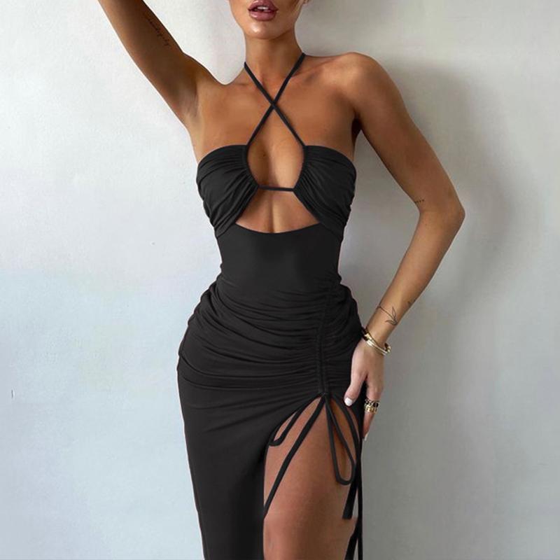 Summer Sexy Dress For Women Sleeveless Backless Hollow Out Party Dress Fashion Lace-up Halter Bodycon Elegant Split Dress