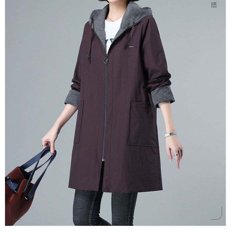 Осенне-зимний двухслойный плащ-ветровка средней длины с капюшоном для женщин, тонкий, простой, повседневный и свободный