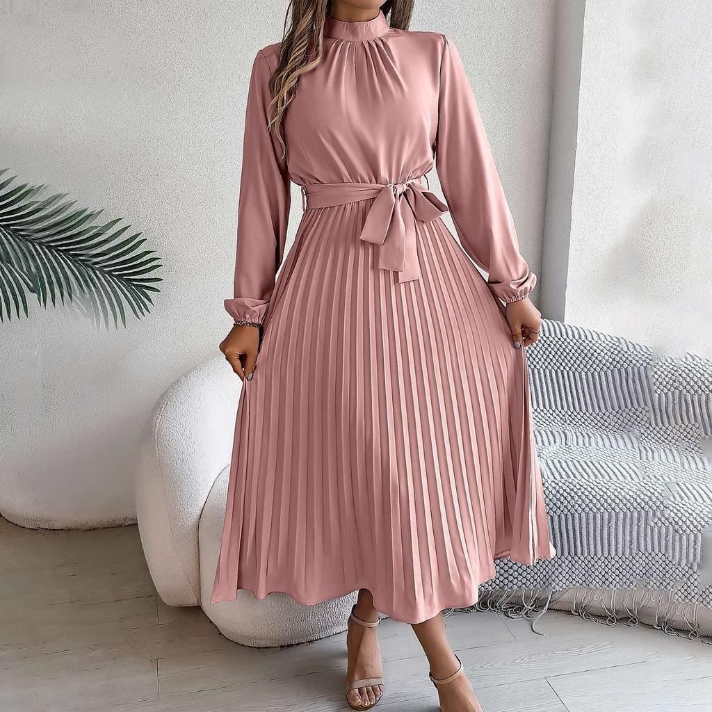 Women's Fashion Retro Solid Color Long Sleeve Waist Pleated Skirt Stand Collar Pullover Dress