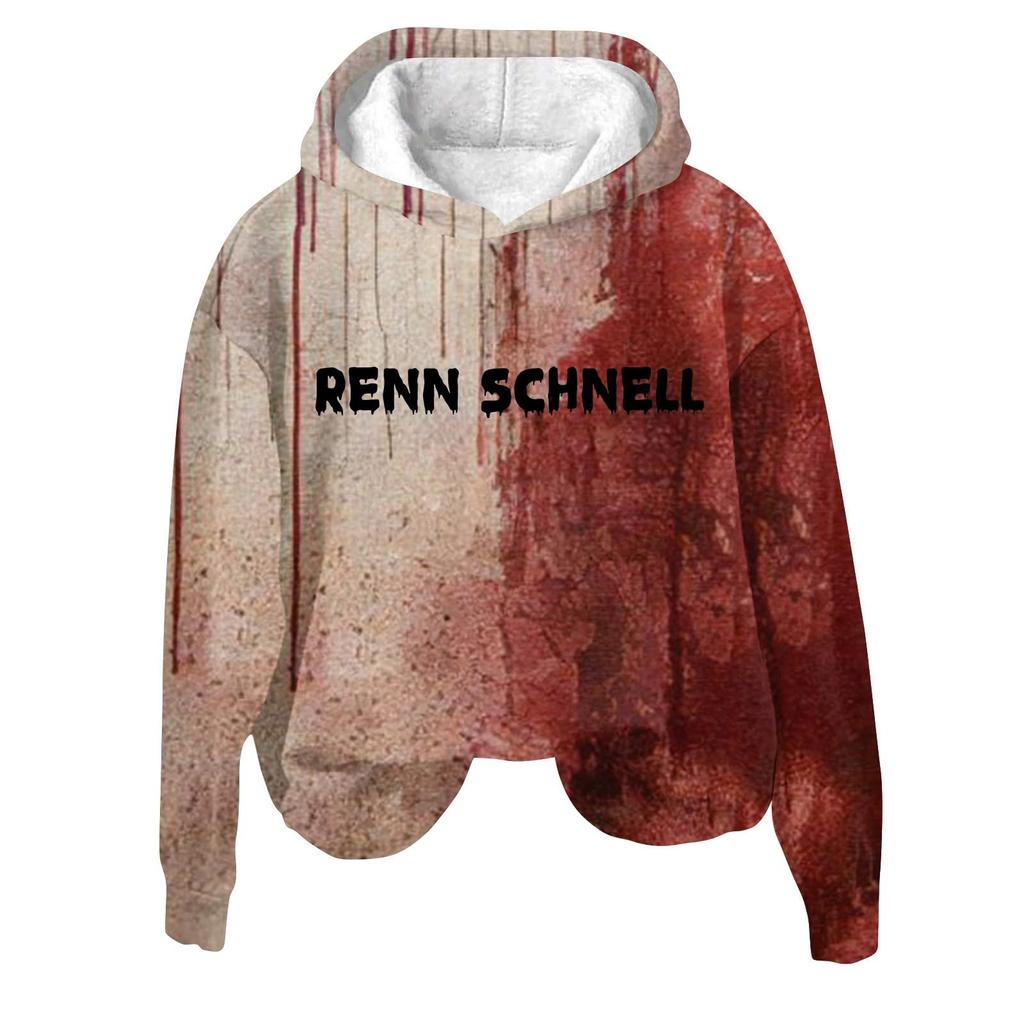 Women's 3D Bloody Letters Printed Long Sleeved Loose Hooded Sweatshirt New Halloween Ladies Casual Long Sleeved Pullover