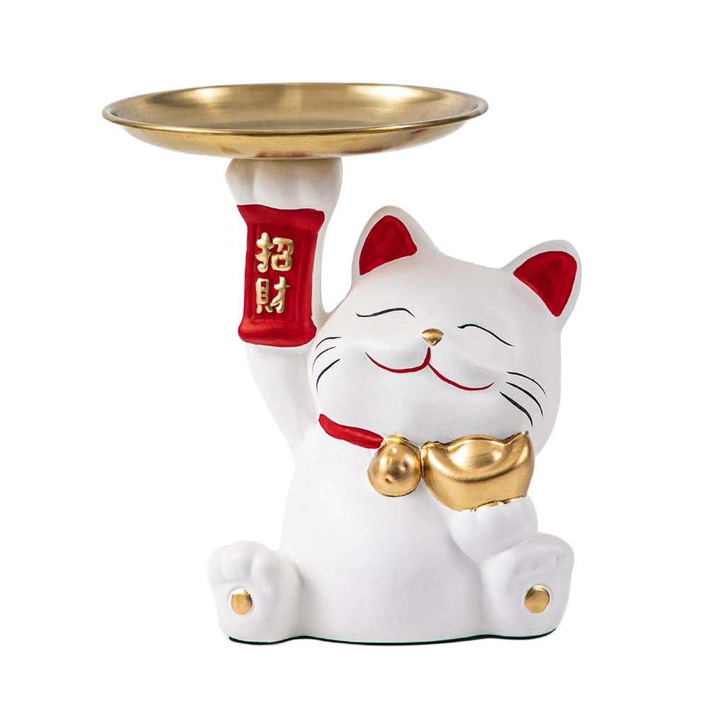Lucky Cat Statue Jewelry Tray Cute Resin Cat Storage Tray Tabletop Organizer for Home Bookshelf Living Room Cabinet Bedroom