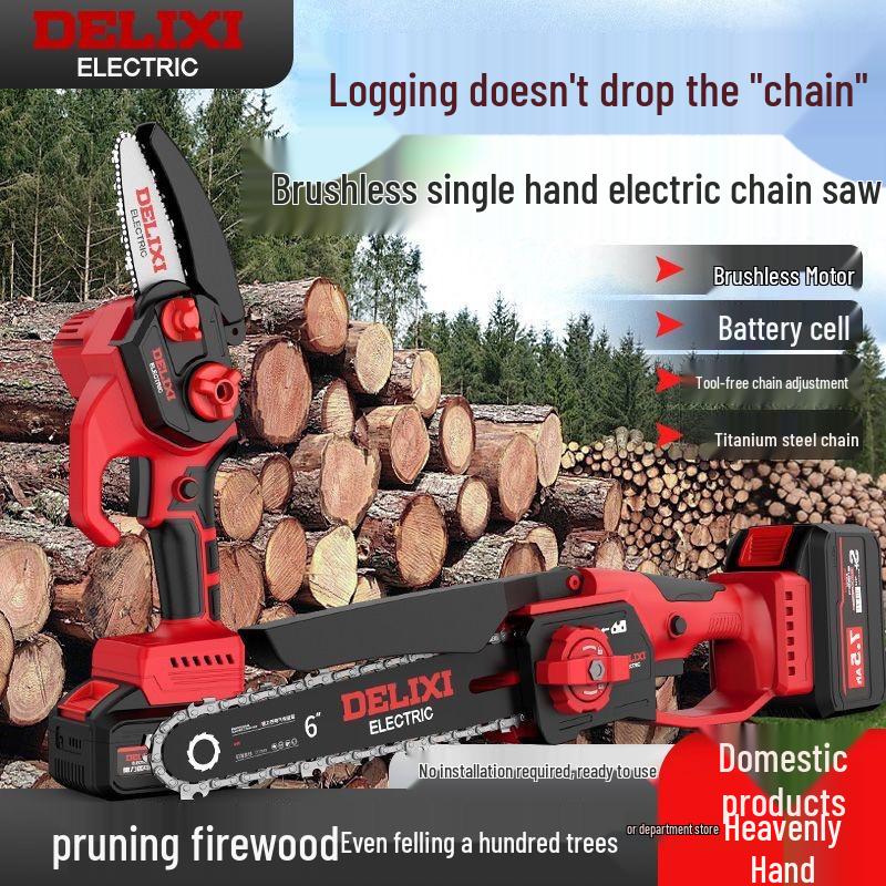 Delixi Rechargeable Brushless Electric Chainsaw with Lithium Battery - Handheld Garden Pruning and Felling Tool for Fruit Trees.
