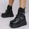 Fashion Women's Gothic Chunky Platform Ankle Boots Thick Bottom Wedges PU Leather Combat Shoes Woman Rivet Buckle Decor Black Punk Boots