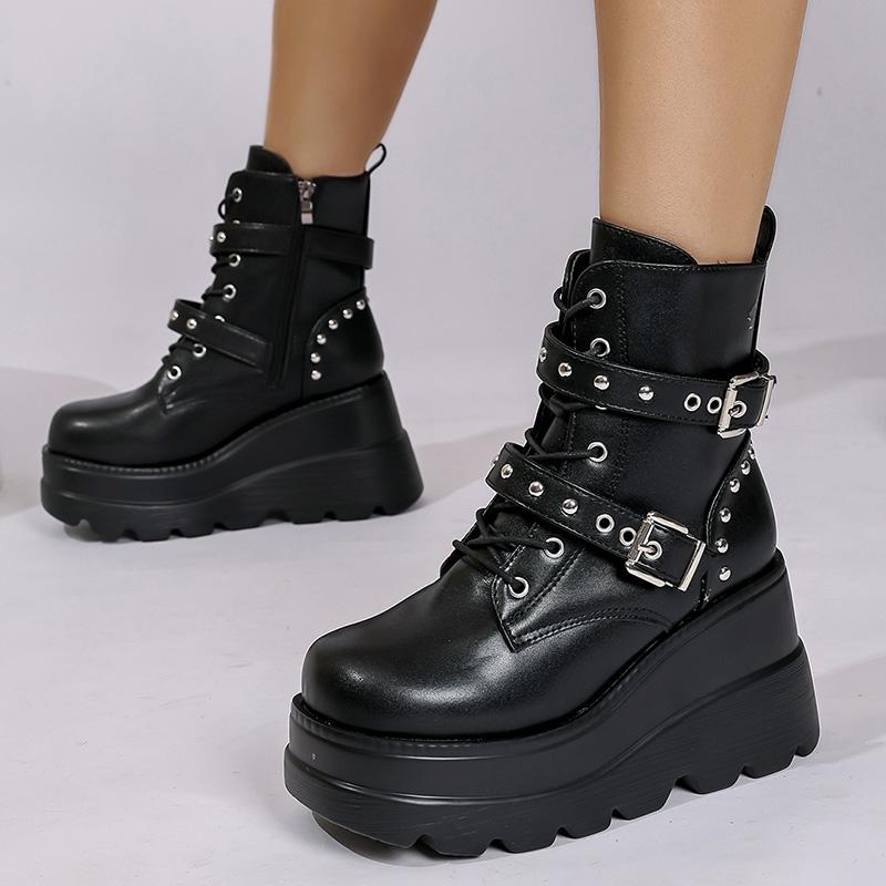 Fashion Women's Gothic Chunky Platform Ankle Boots Thick Bottom Wedges PU Leather Combat Shoes Woman Rivet Buckle Decor Black Punk Boots