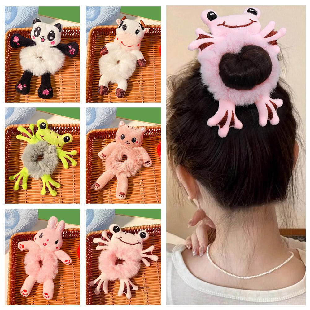 Women Girls Cute Cartoon Panda Hair Scrunchies Bear Elastic Plush Hair Sweet Cat Ponytail Hair L4U6