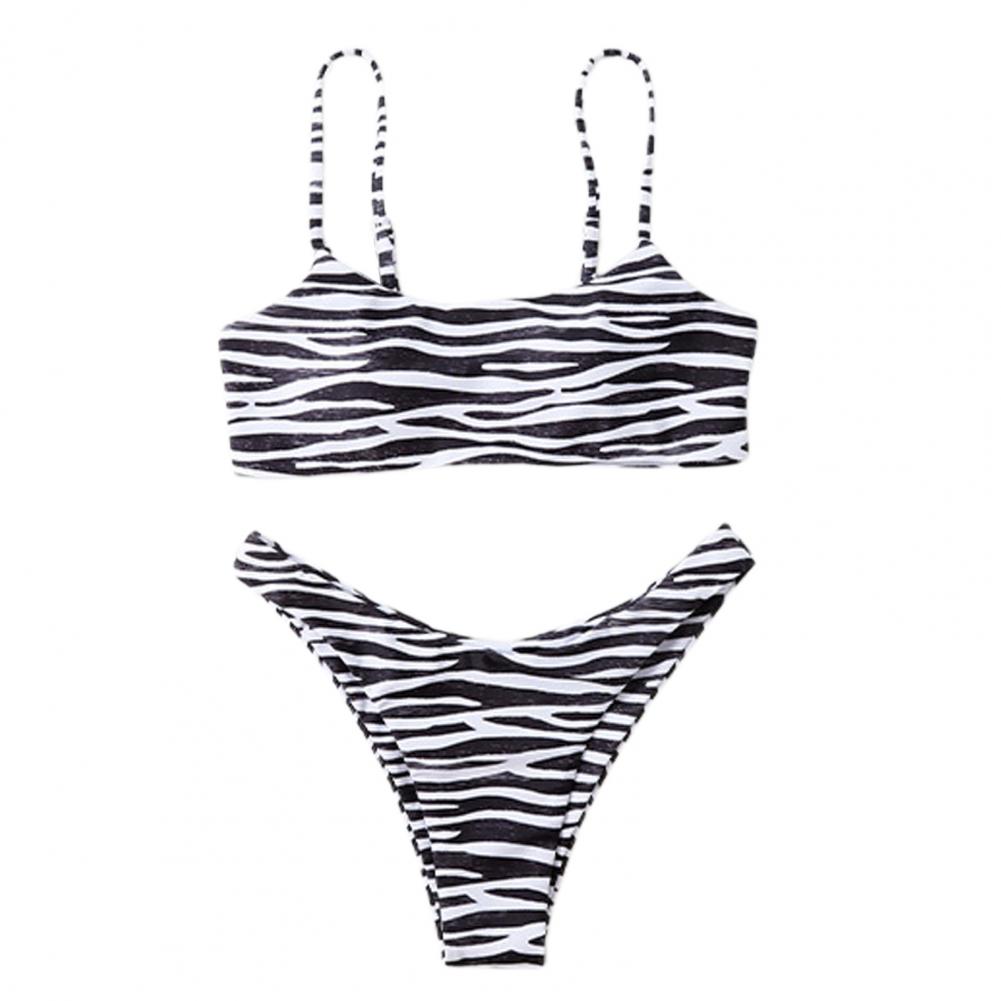 2 Pcs/Set Bikini Set Zebra Stripe Print Contrast Color Spaghetti Strap Adjustable Women Swimwear for Swimming