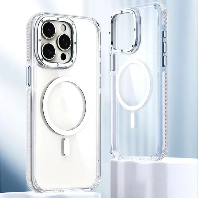 Чехол для iPhone 15 14 13 12 11 Plus Pro Max с цветной рамкой, магнитный чехол Magsafe для беспроводной зарядки, прозрачный корпус, защита от падения, чехлы