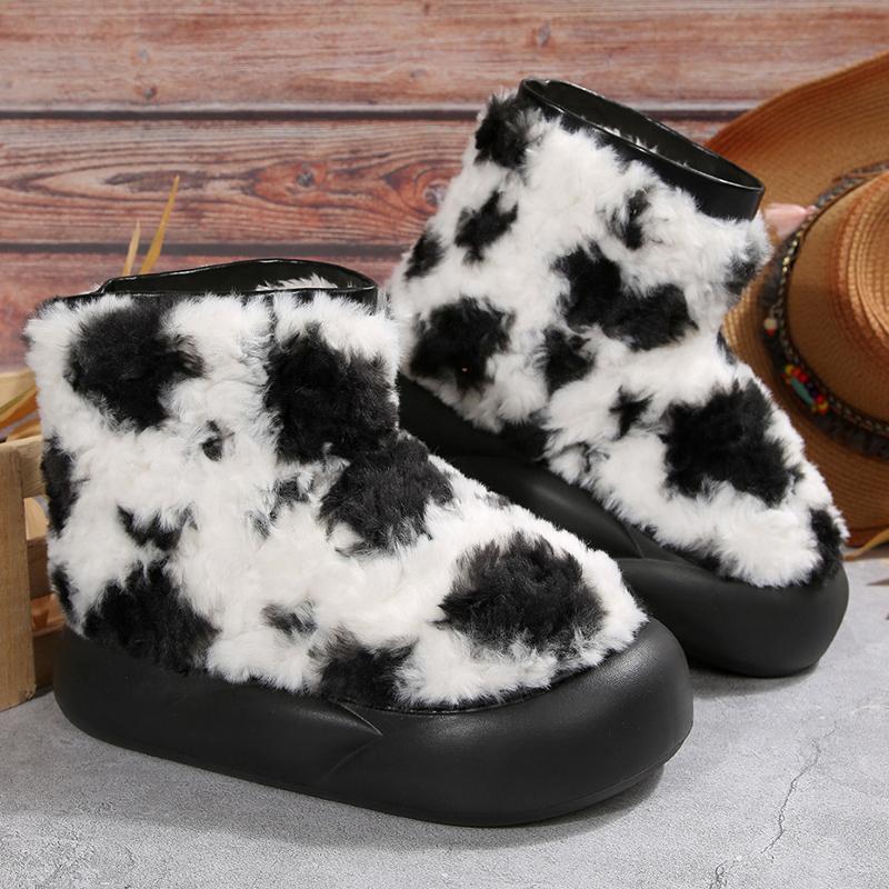 Fashion Thick Sole Fluffy Snow Boots Women Vintage Printed Thicken Plush Winter Ankle Boots Woman Non Slip Platform Cotton Padded Shoes