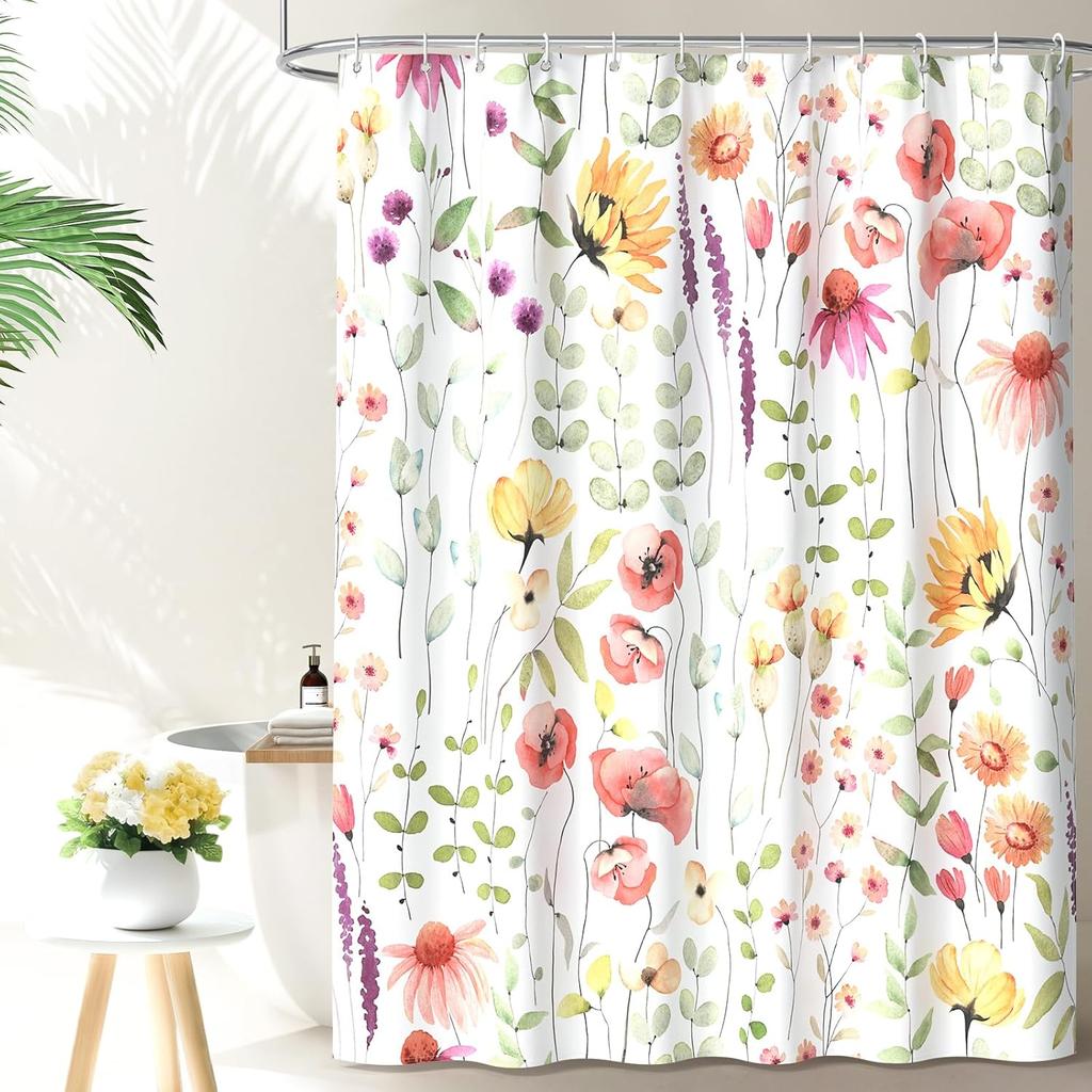 Watercolor Floral Shower Curtain, Flowers Print Spring Bathroom Curtain, Wildflowers Home Décor Machine Washable Bath Curtain