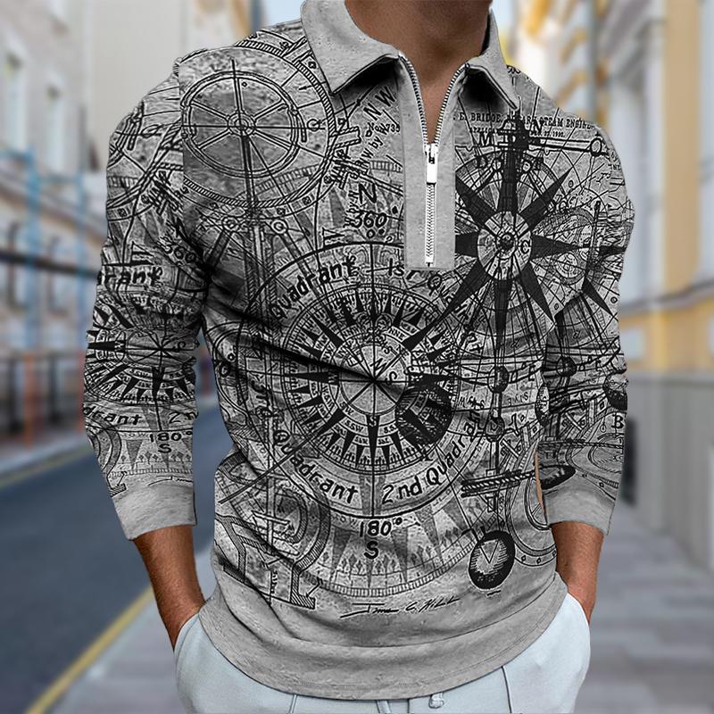 Polo Shirts Men Long Sleeve Precision Clock Print New Men's Polo Shirt Long Sleeve Zipper T-shirt Top