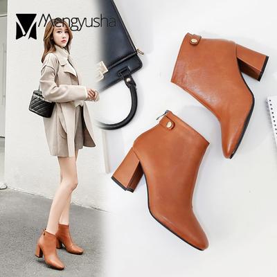 Модные черные/коричневые кожаные ботинки на толстой подошве женские с застежкой-молнией сзади, женские короткие туфли-лодочки на высоком каблуке женские