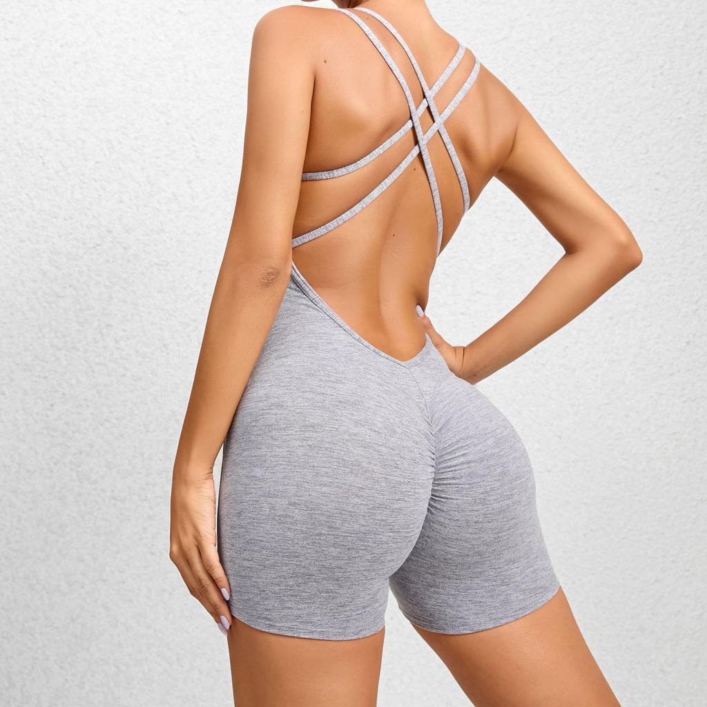 Sexy Backless Scrunch Sporty Tight Jumpsuit Raises Butt Playsuit Women Romper Summer Gym Fitness Short Overalls