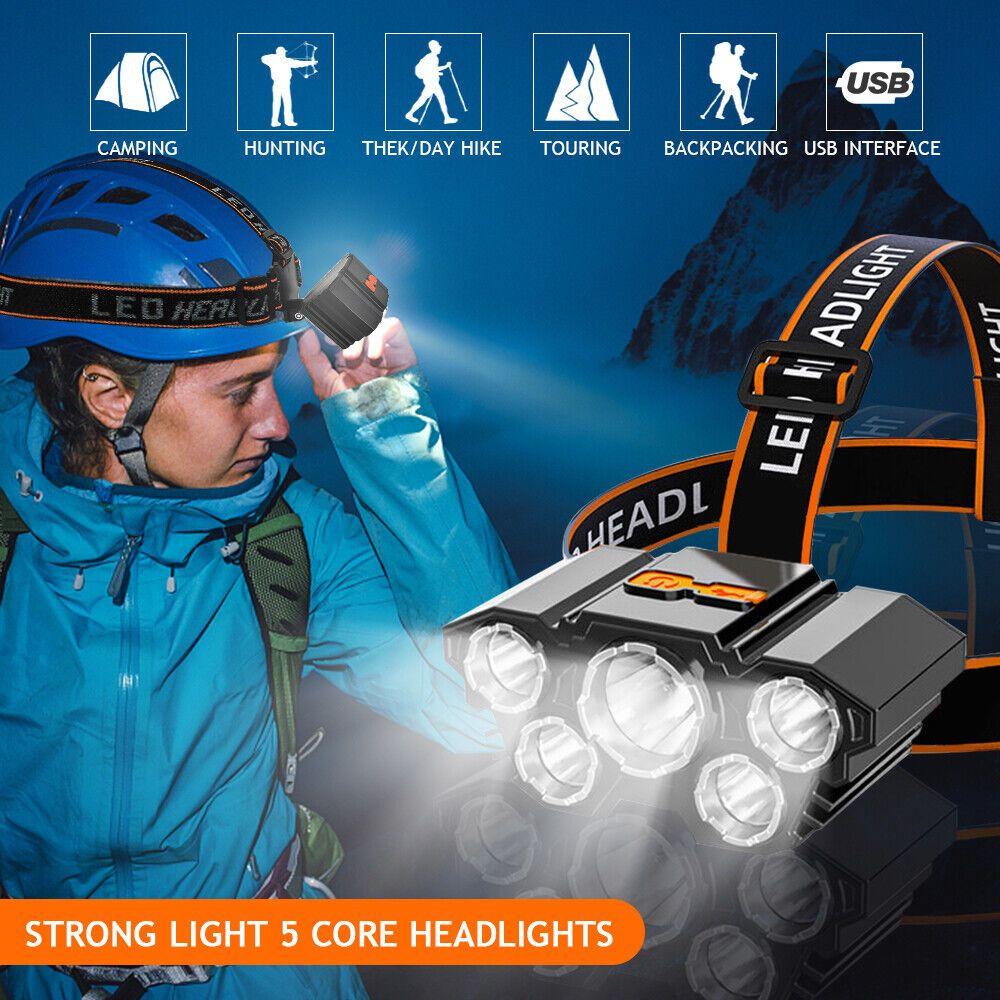 USB-зарядка 5 светодиодный налобный фонарь высокой мощности водонепроницаемый налобный фонарь со встроенным аккумулятором и 8 режимами для кемпинга рыбалки на открытом воздухе