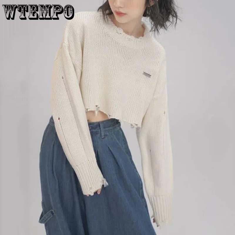 Cropped Knitted Pullovers Women Long Sleeve O-Neck Short Sweaters Girl's Solid Color Casual Irregular Jumpers Streetwear