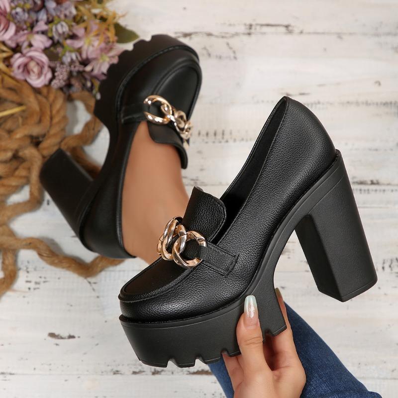 Metal Chain Professional Shoes Women's 2025 Autumn New Thick-heeled Plus-size High-heeled Shoes