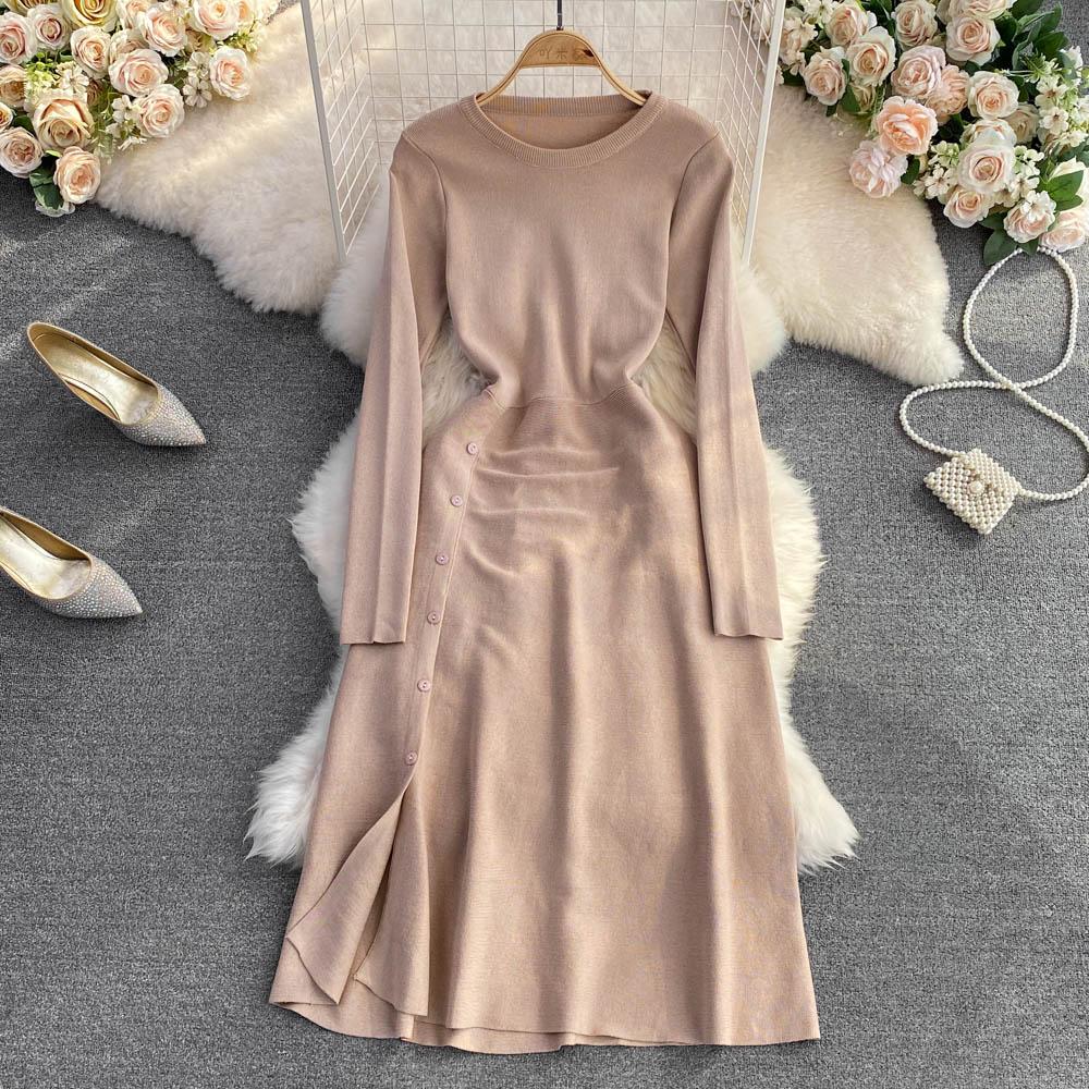 RUGOD European and American Niche Long-sleeved Dress Commuter Fashion Knitted High Waist A-type Slit Pleated Simple Women