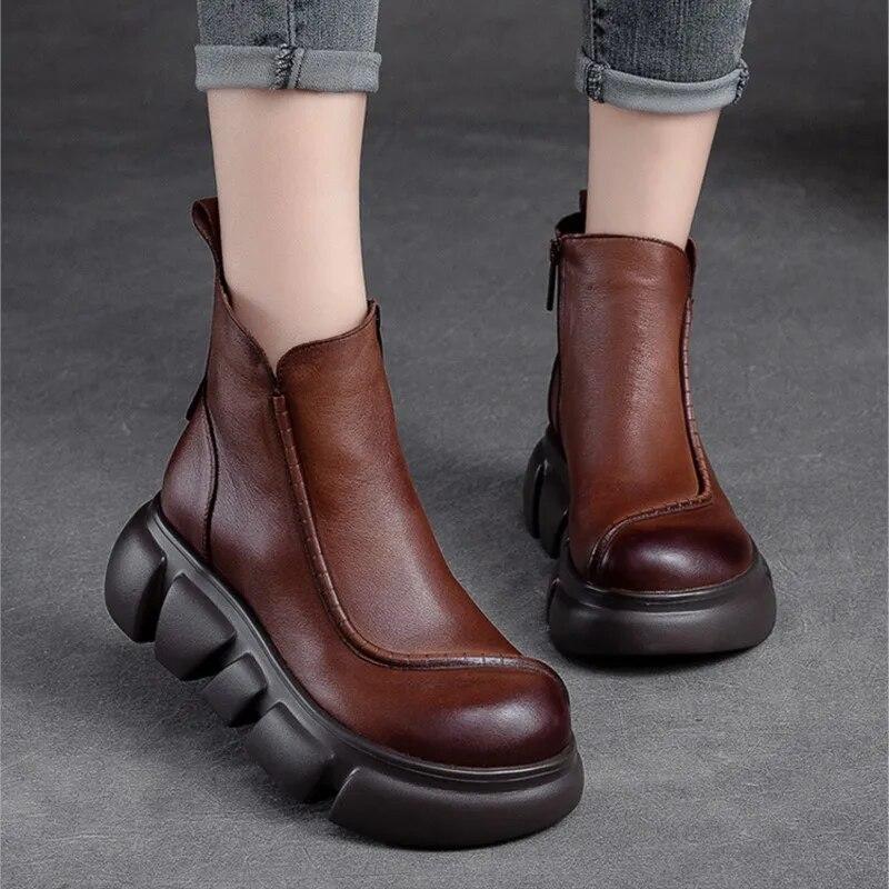 Johnature Короткие сапоги из натуральной кожи с боковыми молниями. Универсальная женская обувь в стиле ретро на толстой подошве.