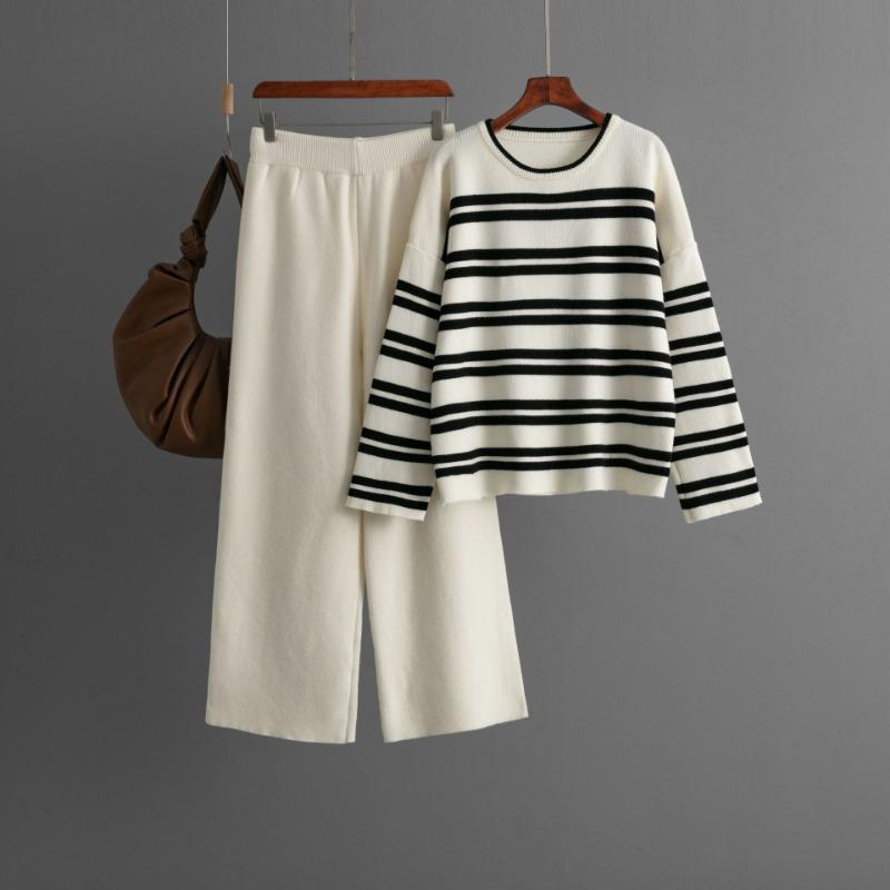 Striped Sweater Set Autumn and Winter New Loose Fashion Casual Wide-leg Pants Knitted Two-piece Set