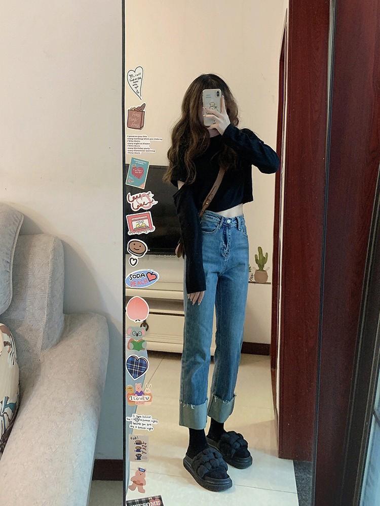 Retro Blue High Waist Straight Jeans Women's Autumn Small Skinny Pipe Pants Curled Nine-Point Pants