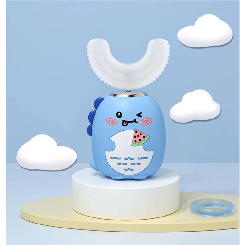 Мультяшная U-образная детская электрическая зубная щетка в виде динозавра для детей от 3 до 12 лет с зубной пастой, перезаряжаемая, водонепроницаемая, звуковая, мощная, на батарейках