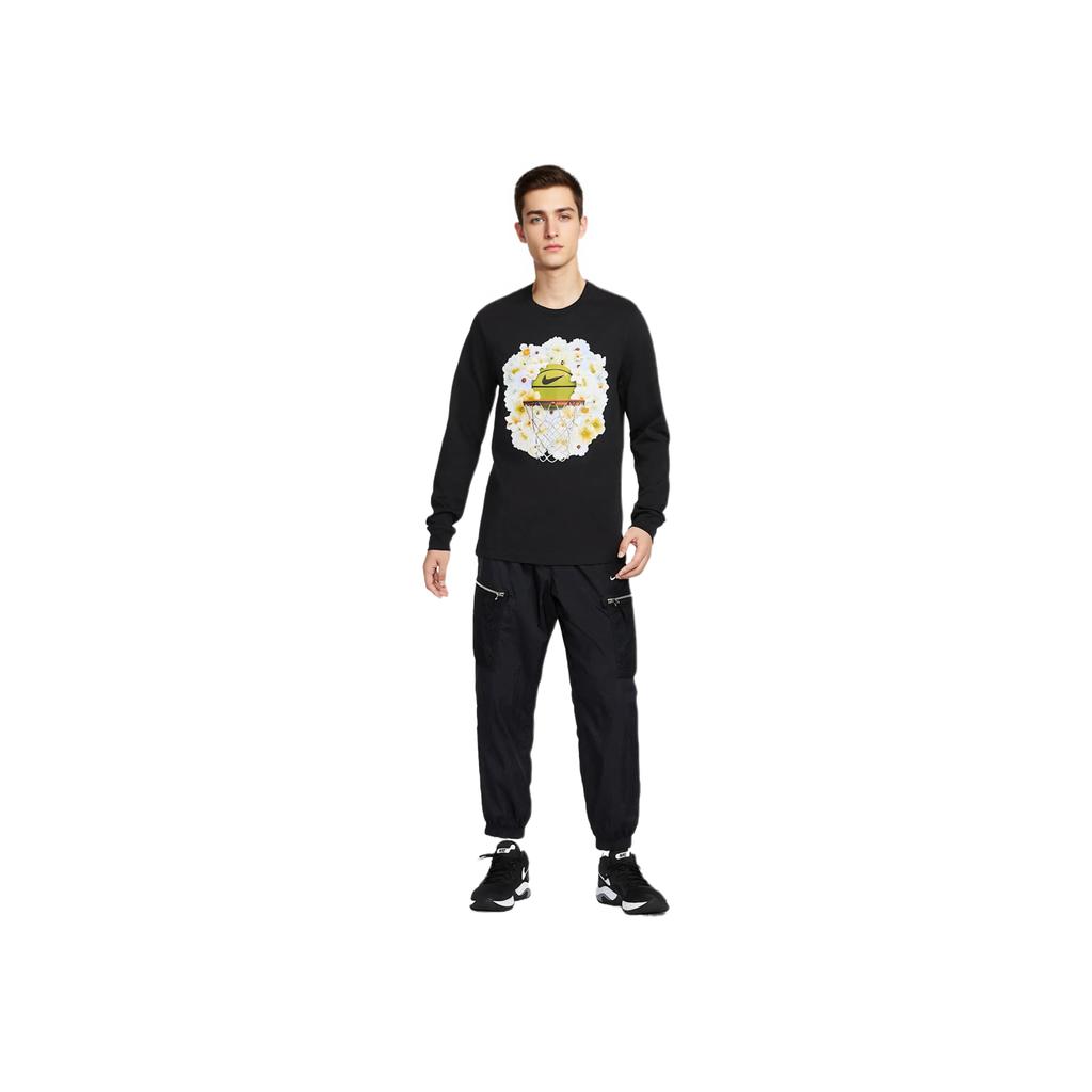 Nike Мужская футболка с круглым вырезом, удобная, дышащая, с длинным рукавом, с цветочным принтом, черная HJ3349-010