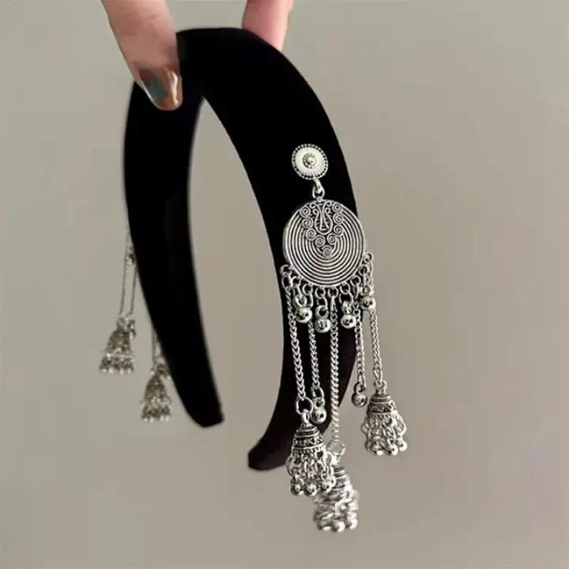 Ethnic Bell Round Texture Double Tassel Velvet New Year Red Headband Fashion Versatile Magnificent Hair Accessories for Women