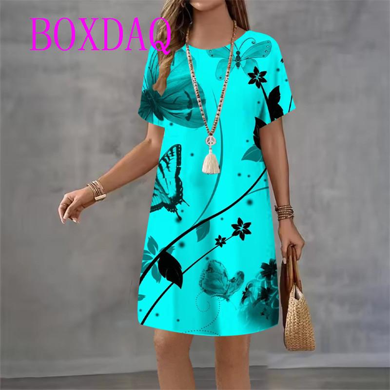 Elegant Colorful butterfly print Women Dress Spring Summer New Casual A-Line Dress Cute Sweet Short sleeve Loose Women Sundress
